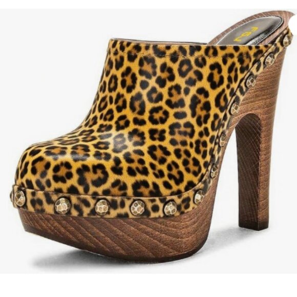 FSJ Shoes - FSJ Leopard Print Platform Clog Mules in Tan and Brown